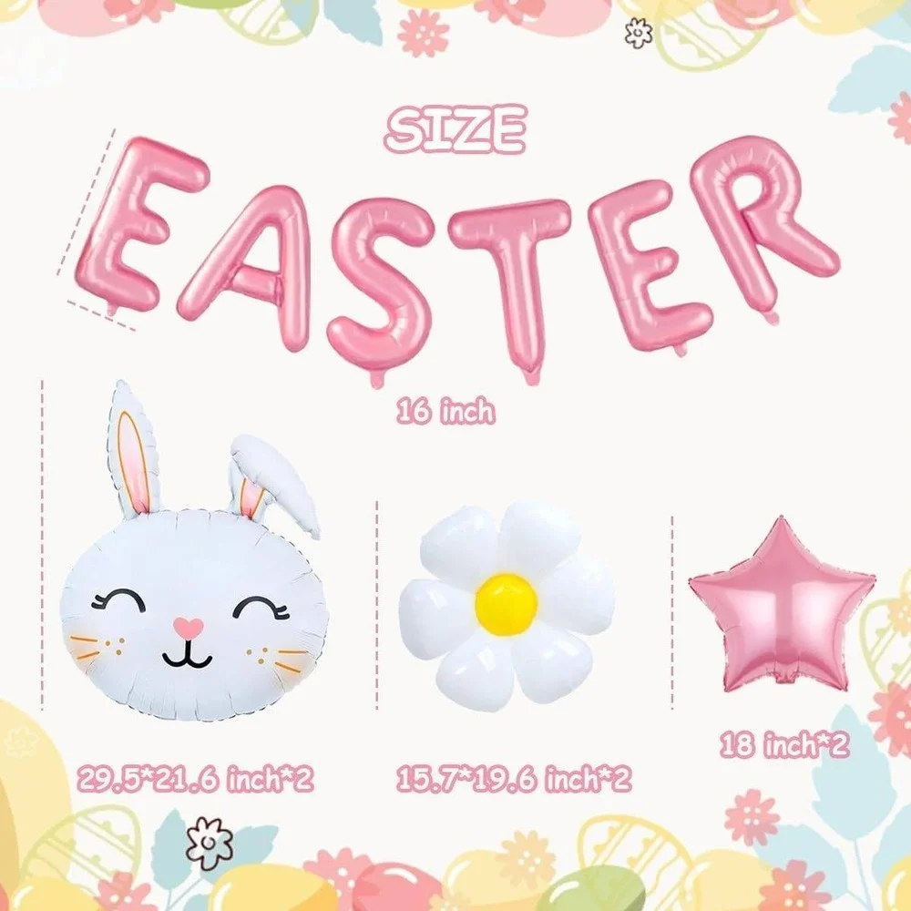 Pink Easter Balloon Kit Bunny‎ Daisy Star Foil Banner Party Decorations 12pc